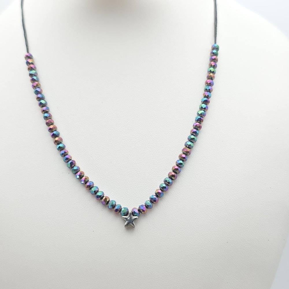TOPSHOP FREEDOM Star Necklace Faceted Iridescent‎ Hematite Beads Silver Tone 18"